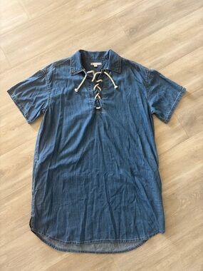 Women's Blue Denim Lace-Up Short Sleeve Dress